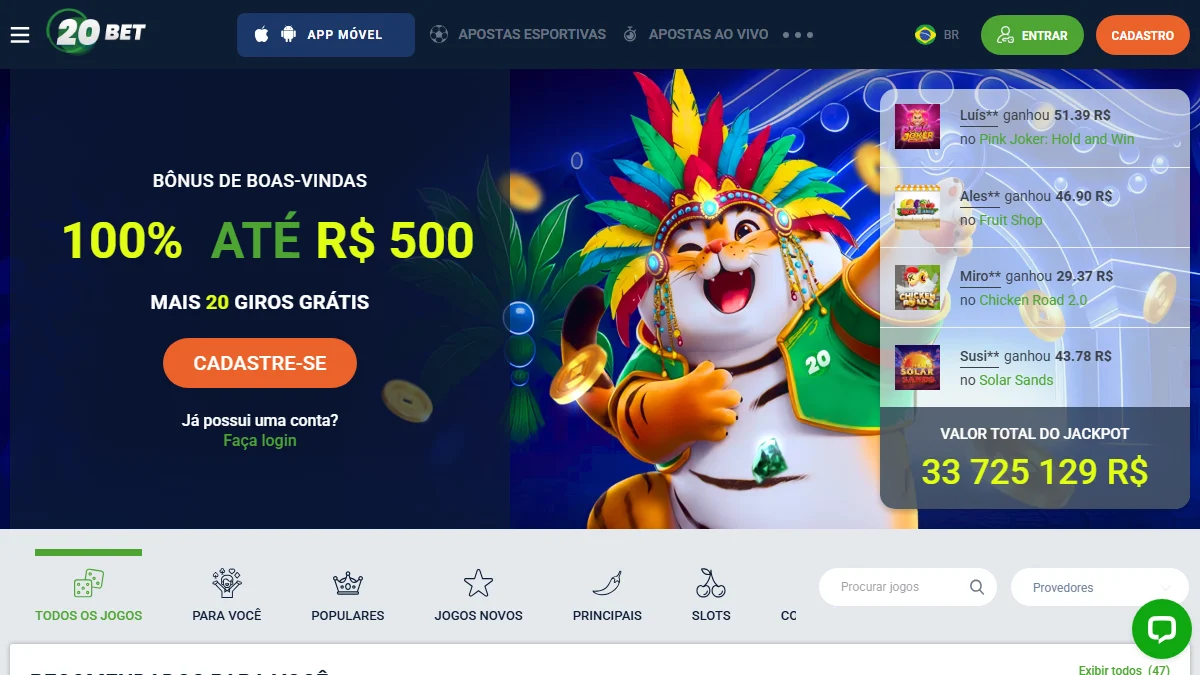 Lobby do cassino 20Bet com slots PG Soft Pragmatic e mesas Evolution ao vivo