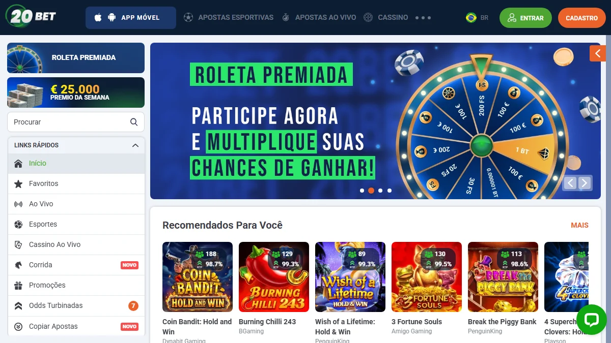 20Bet sportsbook com partidas pré-jogo e função de copiar apostas