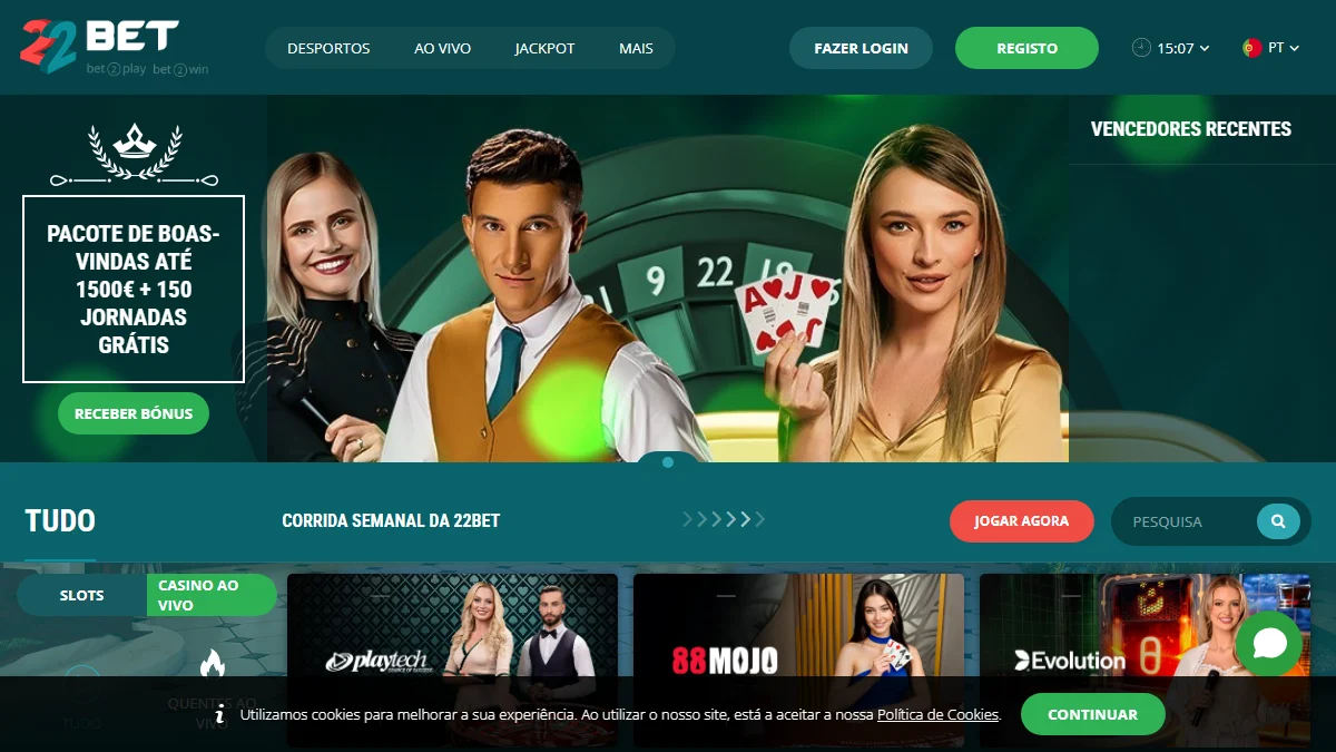 22Bet cassino lobby com slots e mesas ao vivo