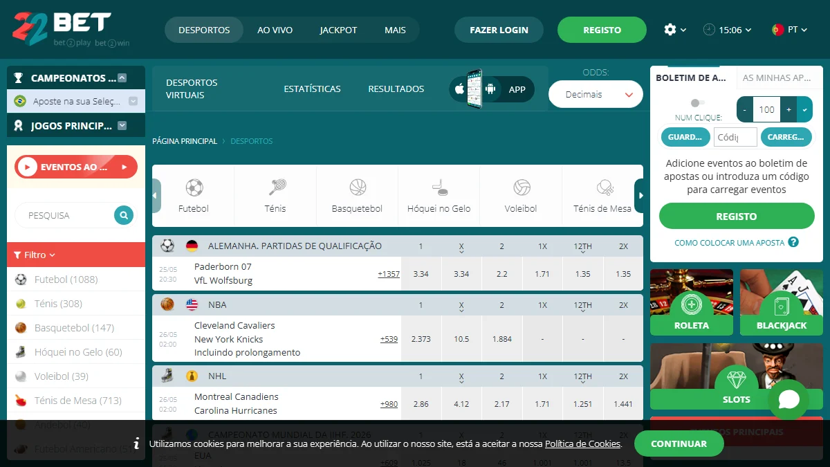 22Bet sportsbook com partidas pré-jogo de futebol e tênis