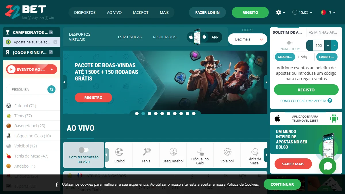 22Bet home com lobby de sportsbook e bônus de boas-vindas
