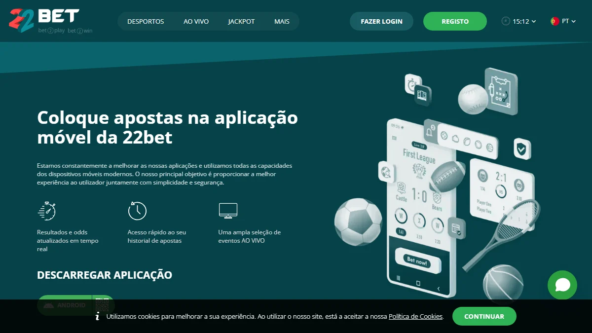 Página de aplicativos 22Bet com link APK Android e PWA iOS