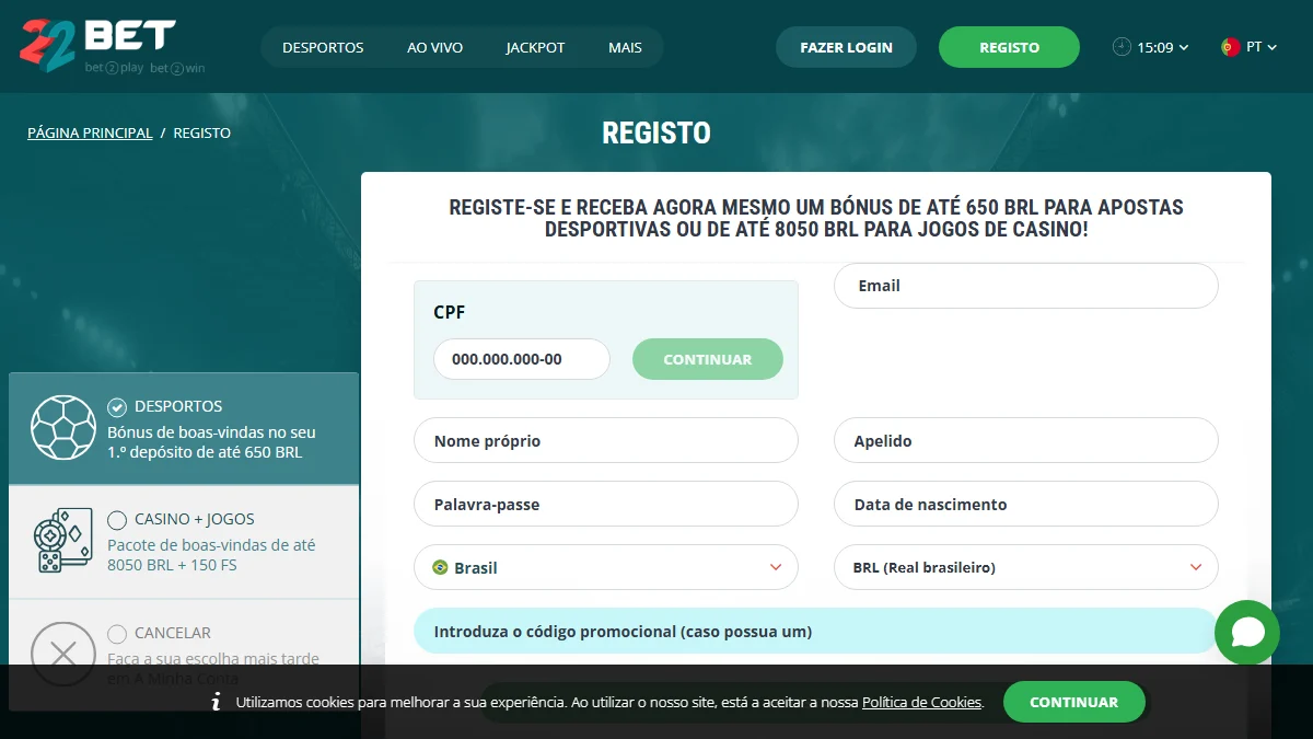 Formulário de cadastro 22Bet com Brasil e BRL selecionados