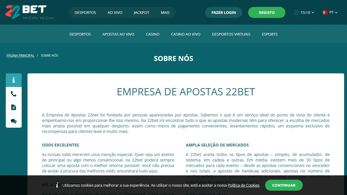 Página institucional 22Bet com história da operadora