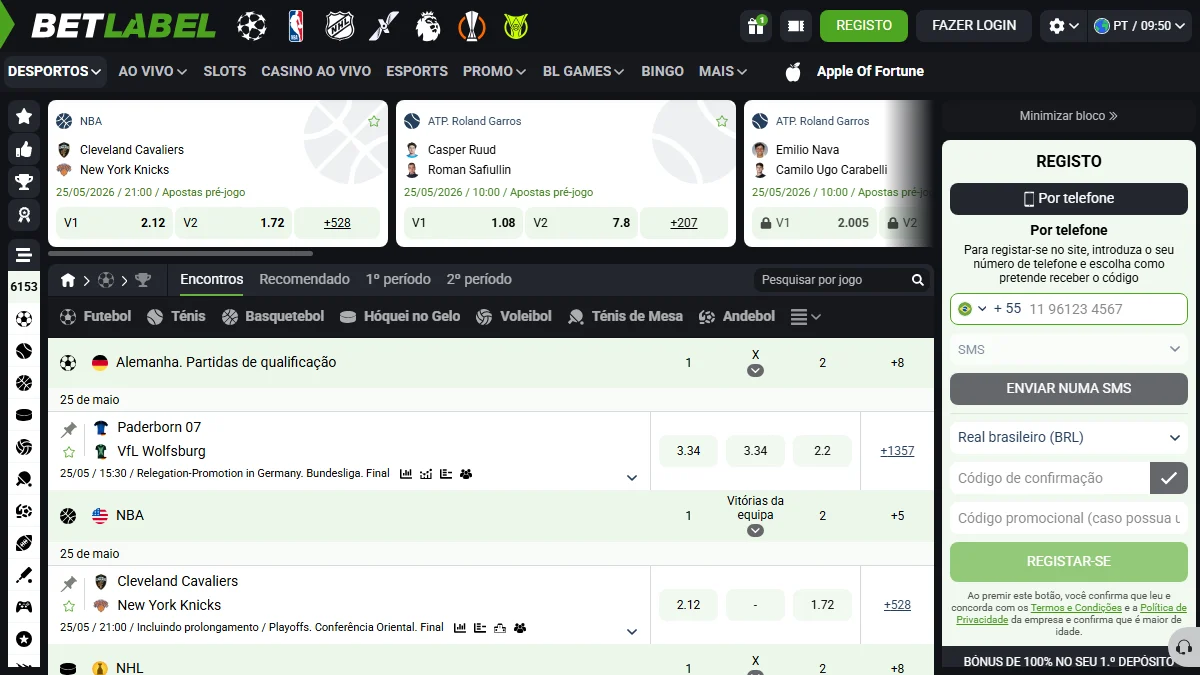 Sportsbook BetLabel com partidas ATP Roland Garros e Bundesliga em odds reais