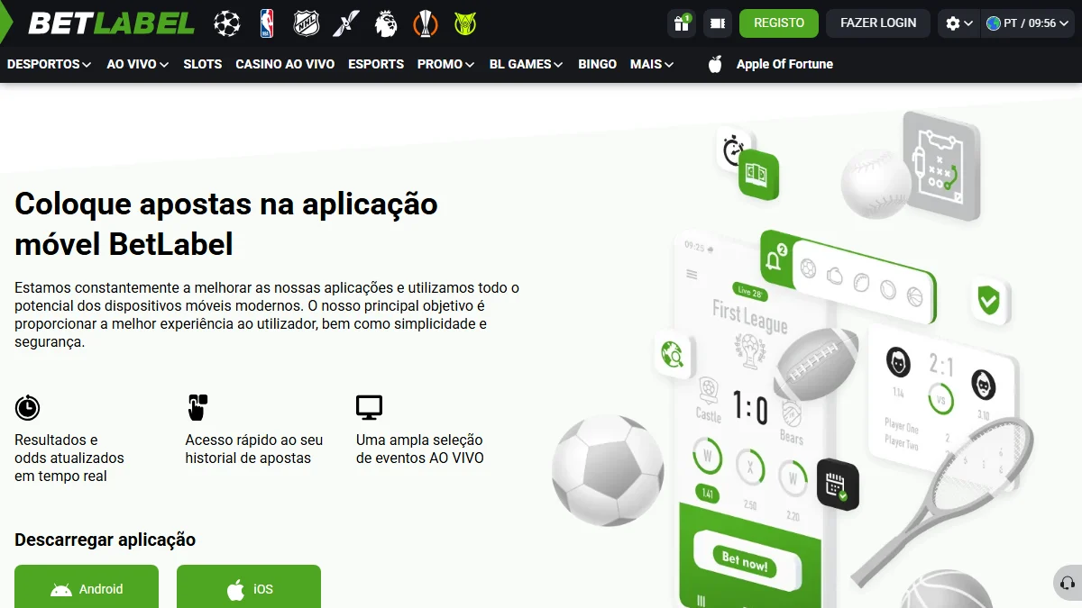 Página BetLabel com instruções de download do aplicativo Android e suporte iOS