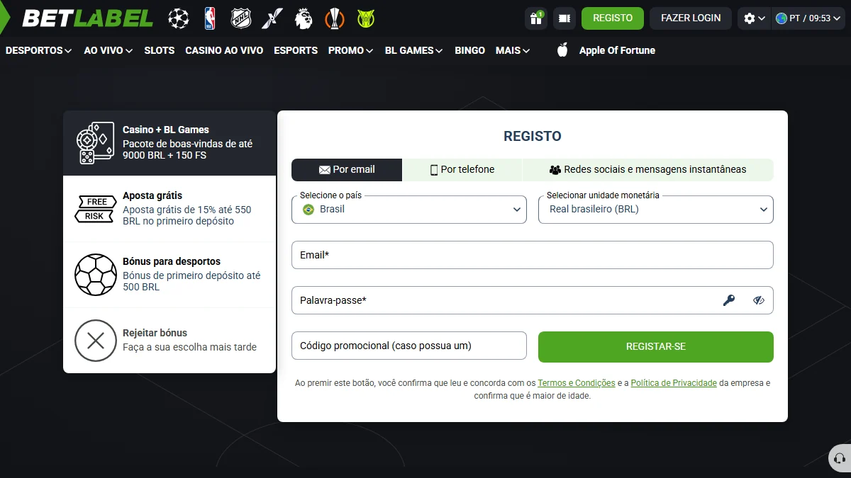 Formulário de cadastro BetLabel com Brasil + Real brasileiro selecionados e pacote cassino R$9.000