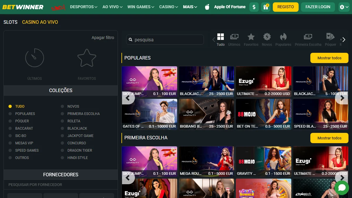 BetWinner cassino lobby com slots em destaque