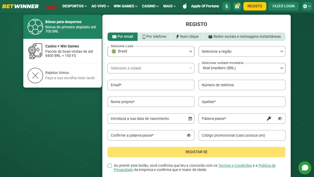Formulário de cadastro BetWinner com Brasil e BRL