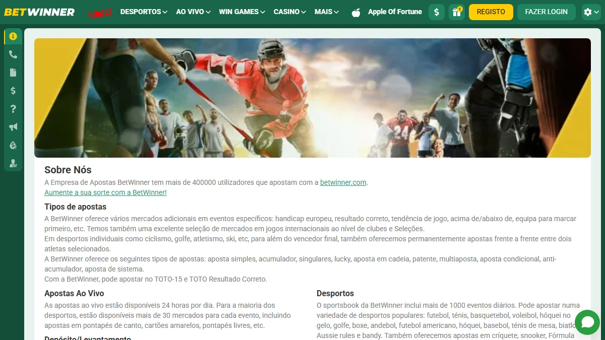 Página institucional BetWinner com história da operadora