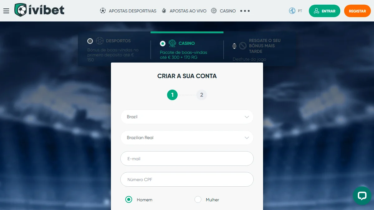 Formulário de cadastro IviBet com campo CPF e seleção país Brasil + BRL