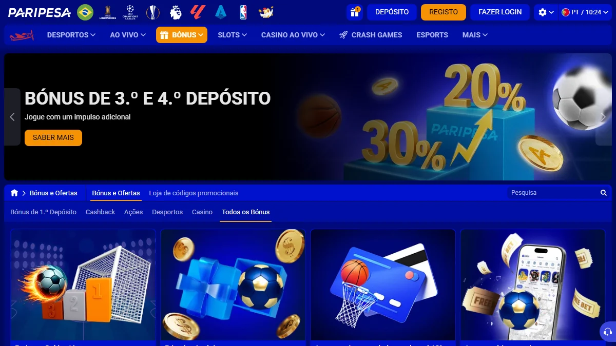 Página de regras de bônus PariPesa com termos completos