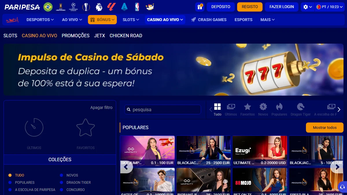PariPesa cassino com slots em destaque e mesas ao vivo