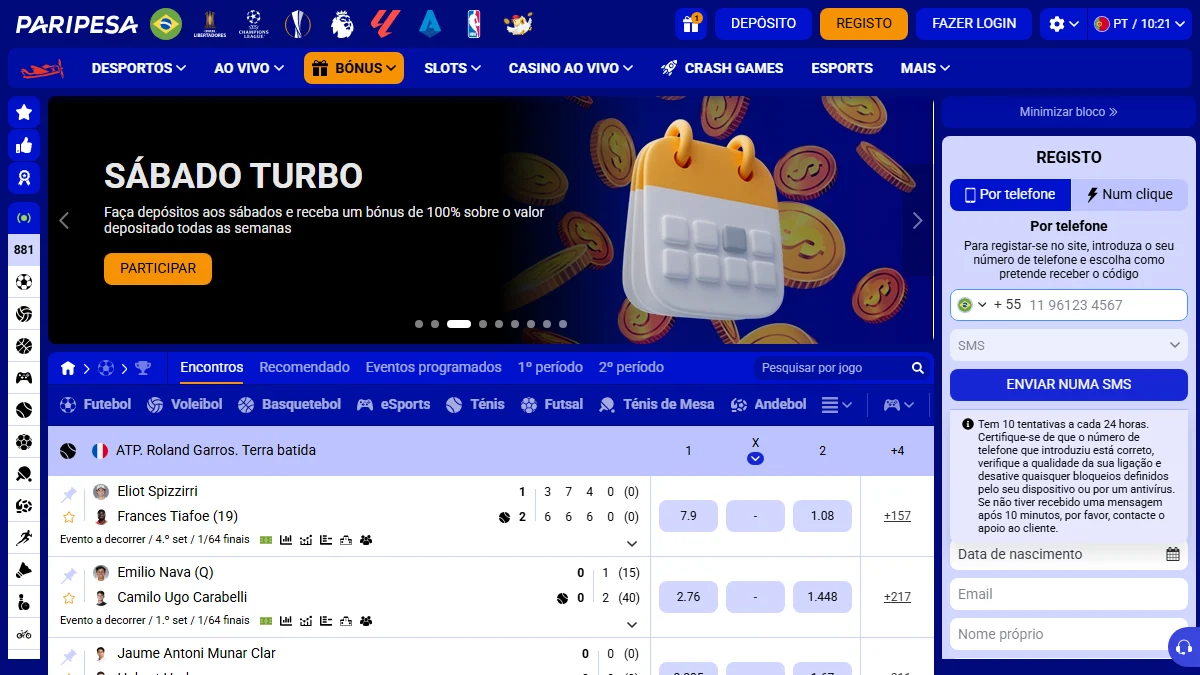 PariPesa home com banner do pacote cassino R$8.150 e sportsbook