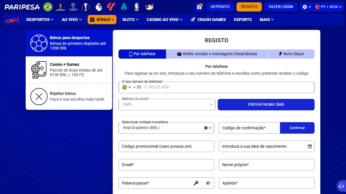 Formulário de cadastro PariPesa com Brasil e BRL