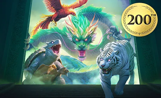 Capa do slot Mythical Guardians, PG Soft tema quatro guardiões (dragão azul, tigre branco, pássaro vermelho, tartaruga negra) + cinco elementos