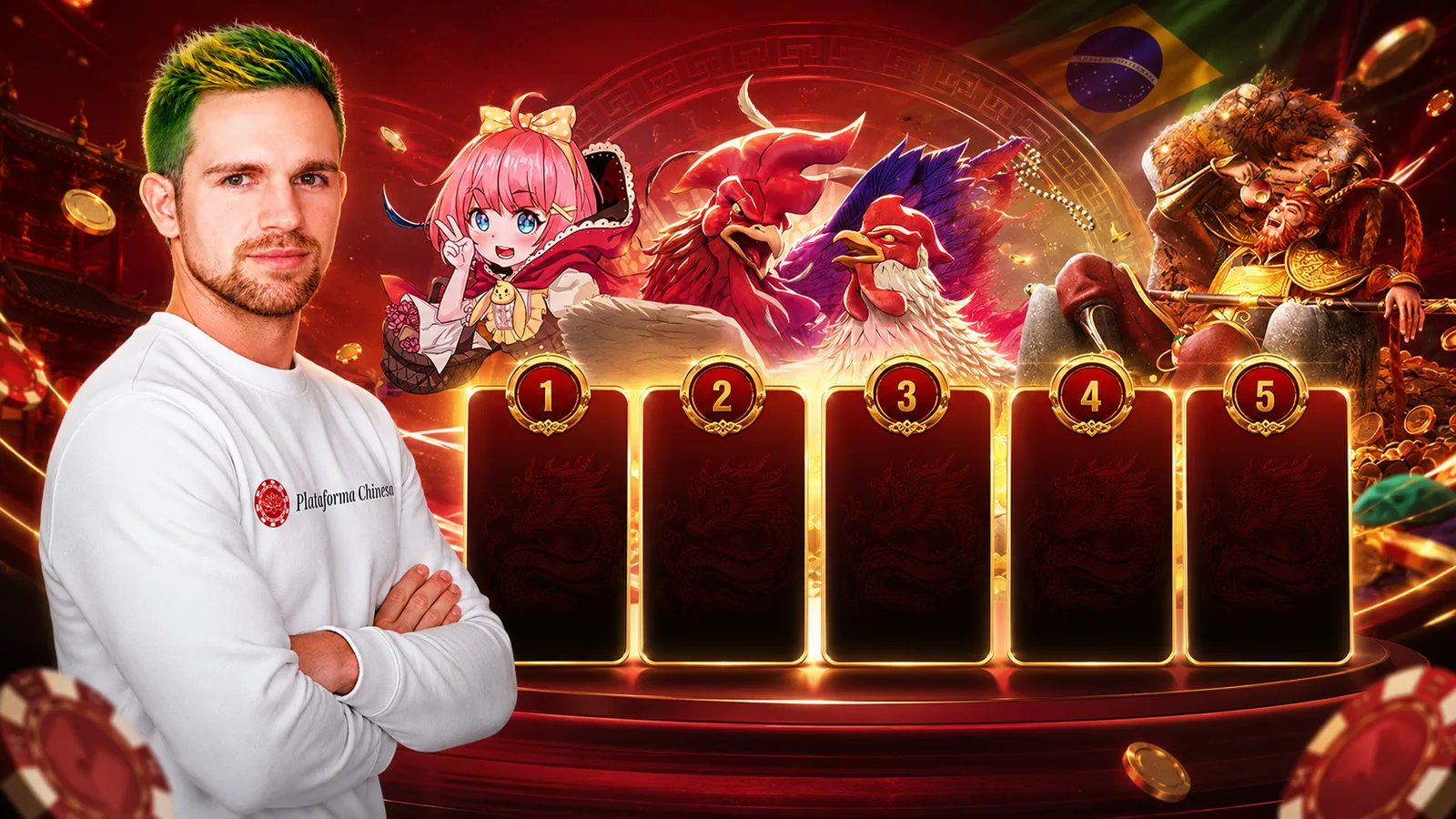 Avatar da Plataforma Chinesa ao lado de cartões de ranking para os 10 sites de apostas chinesas no Brasil, com personagens de jogos, moedas e bandeira do Brasil ao fundo.