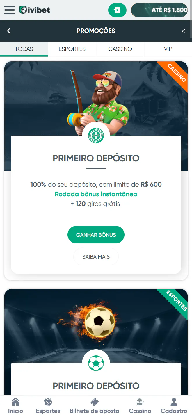 Página de promoções da IviBet com bônus de primeiro depósito de 100% até R$600 e 120 giros grátis no cassino: casa de aposta chinesa com bônus de cadastro