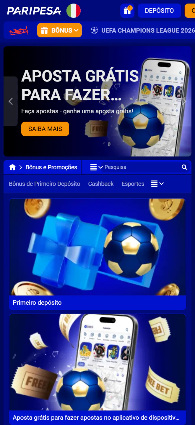 Página de bônus e promoções da PariPesa com bônus de primeiro depósito e aposta grátis no aplicativo: casa de aposta chinesa com bônus de boas-vindas