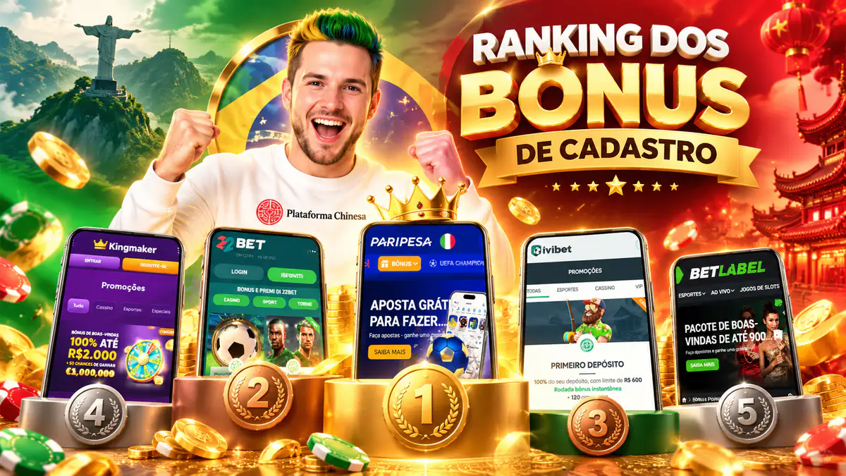 Pódio com as telas de Kingmaker, 22Bet, PariPesa, IviBet e BetLabel e Tomáš Baláž ao fundo: ranking dos bônus de cadastro nas plataformas chinesas