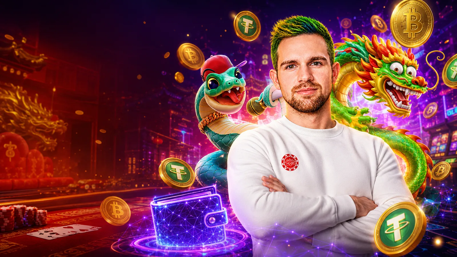 Avatar da Plataforma Chinesa em ambiente de cassino chinês futurista com moedas Bitcoin, USDT, carteira digital, dragão e cobra da fortuna.