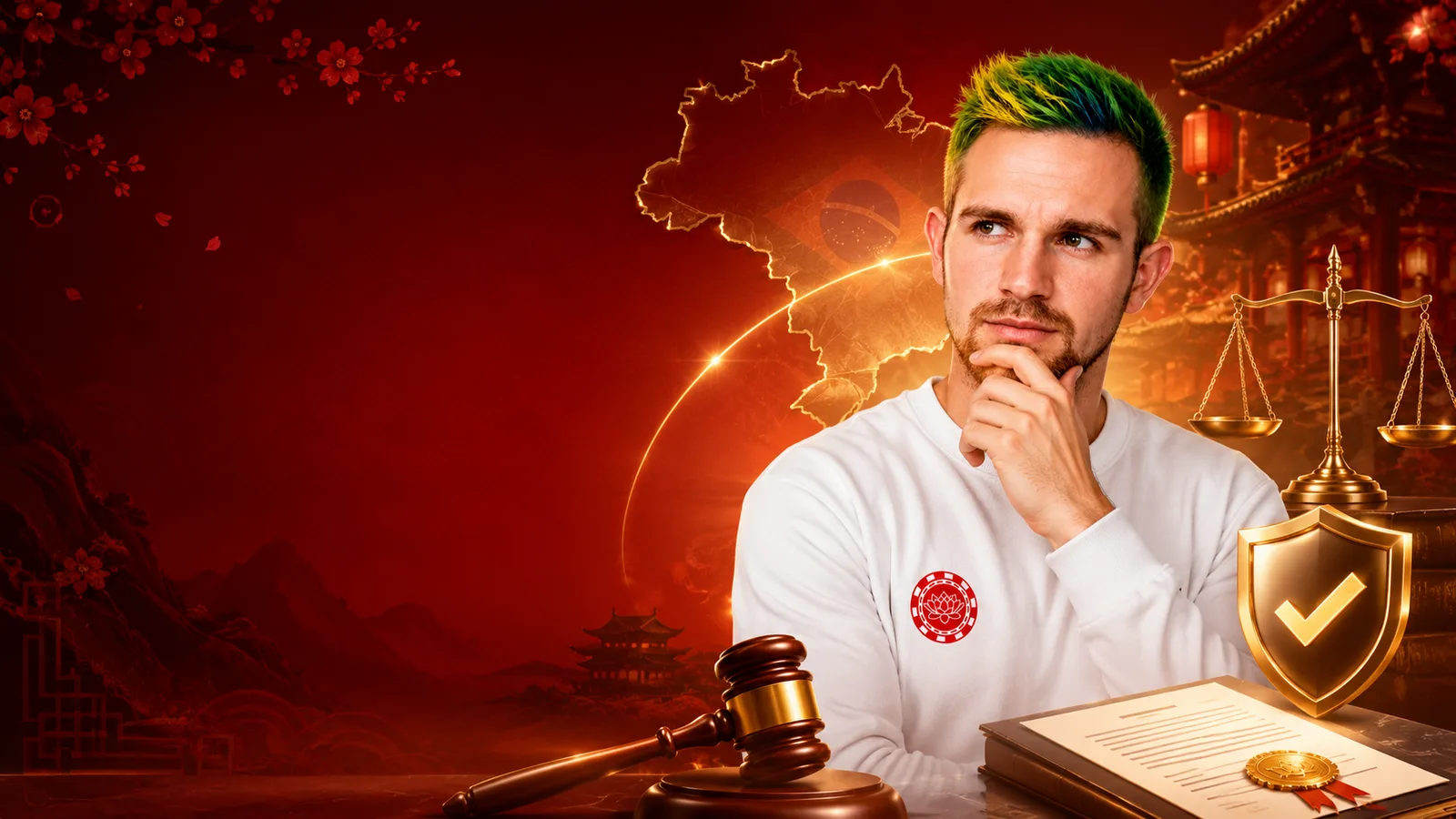 Avatar da Plataforma Chinesa pensativo diante de símbolos jurídicos, mapa do Brasil, balança da justiça, martelo e escudo de aprovação.