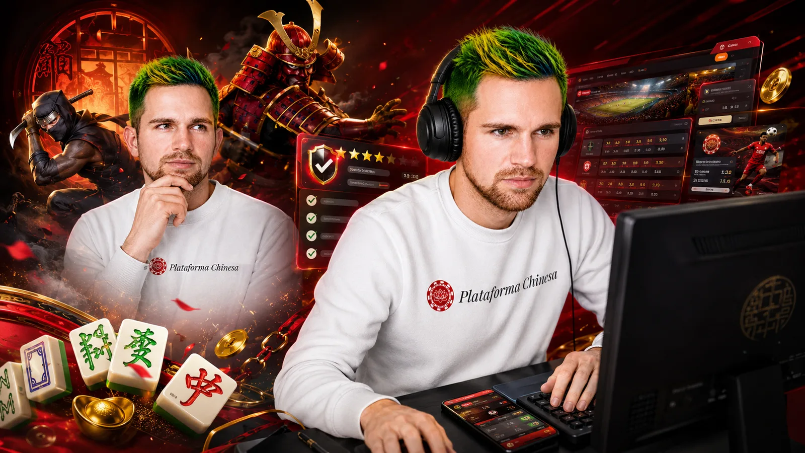 Avatar da Plataforma Chinesa testando plataformas de apostas em um computador com interface de odds, checklist, estrelas de avaliação e símbolos de jogos asiáticos.