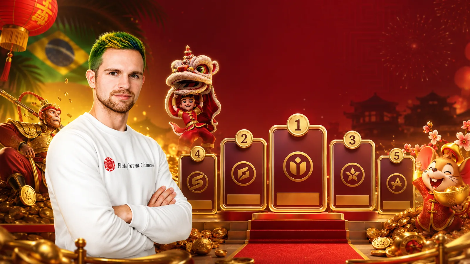 Avatar da Plataforma Chinesa ao lado de um ranking top 5 de plataformas de apostas chinesas com mascotes festivos, moedas e decoração chinesa.