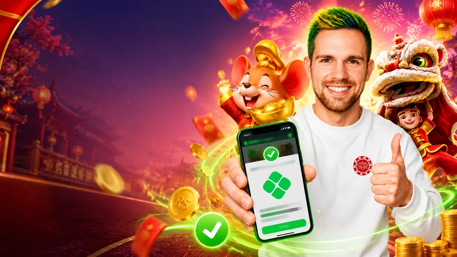 Avatar da Plataforma Chinesa segurando celular com confirmação de pagamento Pix, moedas em reais e mascotes festivos chineses ao fundo.