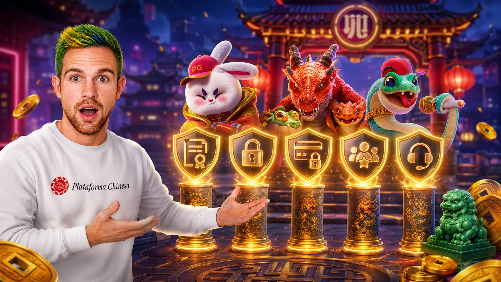 Avatar da Plataforma Chinesa apresentando cinco escudos dourados de segurança com ícones de licença, cadeado, pagamento seguro, reputação e suporte.