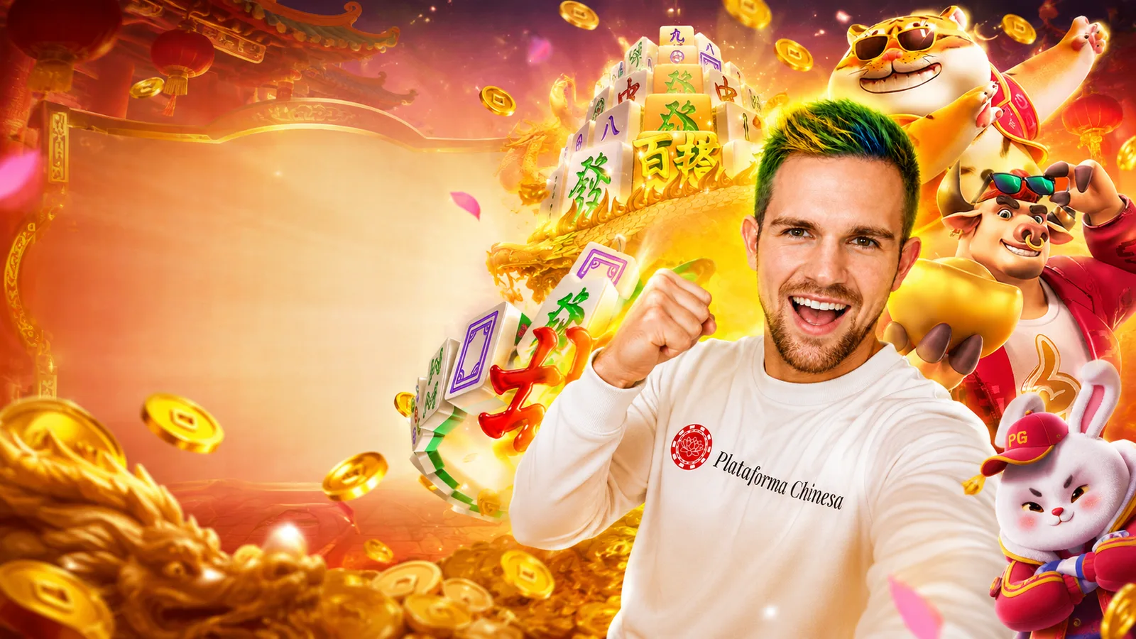 Avatar da Plataforma Chinesa comemorando entre símbolos de slots chinesas, mahjong, tigre, boi da fortuna, coelho e moedas douradas.