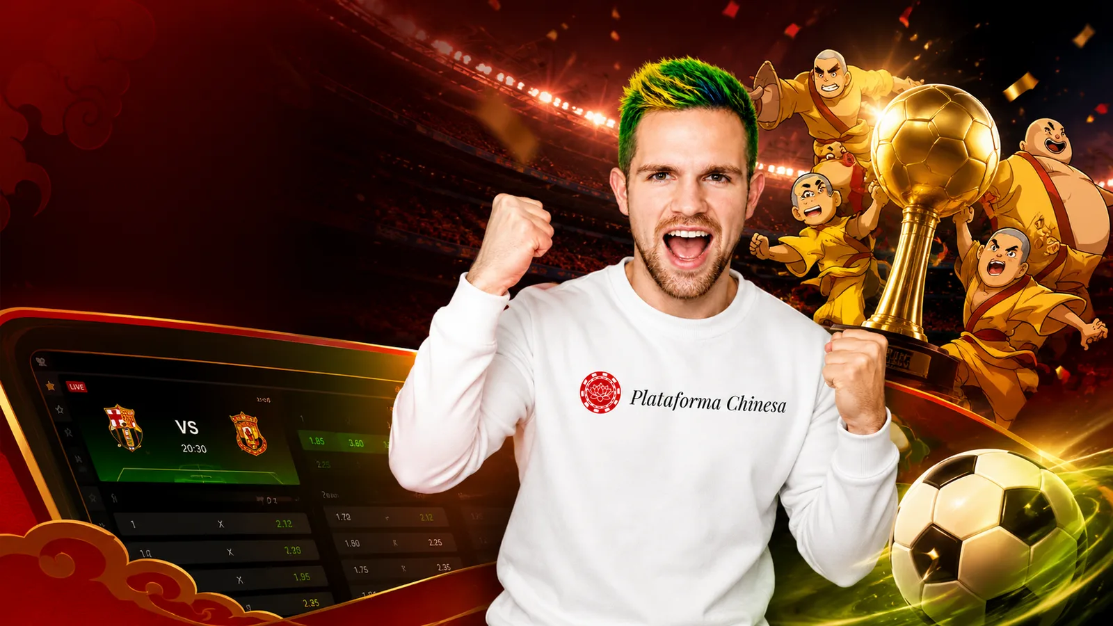 Avatar da Plataforma Chinesa comemorando em cenário de apostas esportivas com bola de futebol, troféu, odds ao vivo e personagens chineses celebrando.